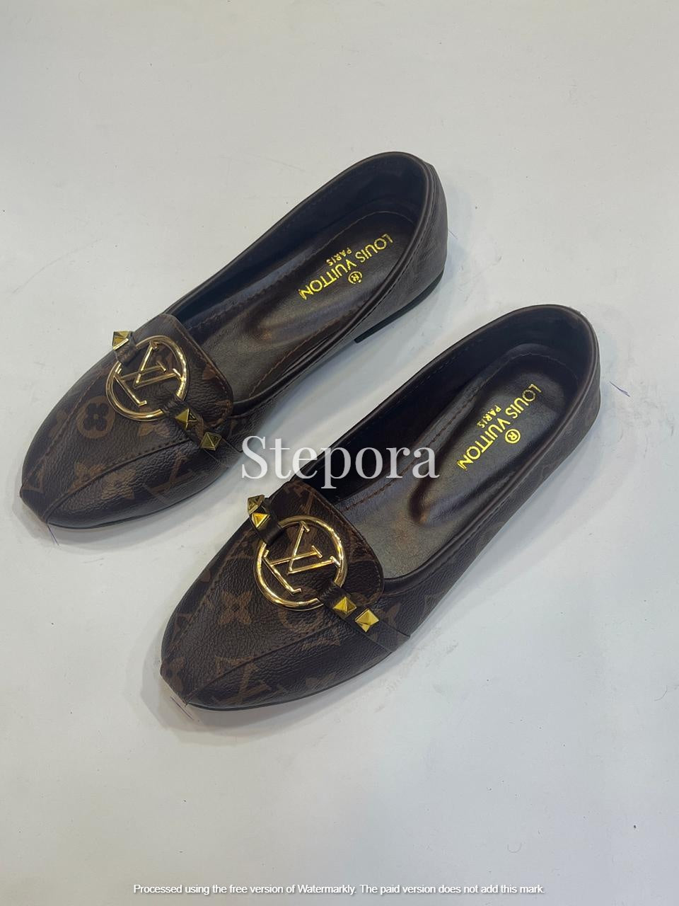 Monogram Canvas Loafer Flats β Classic Brown Leather Ballet Flats with Gold Medallion & Stud Detail