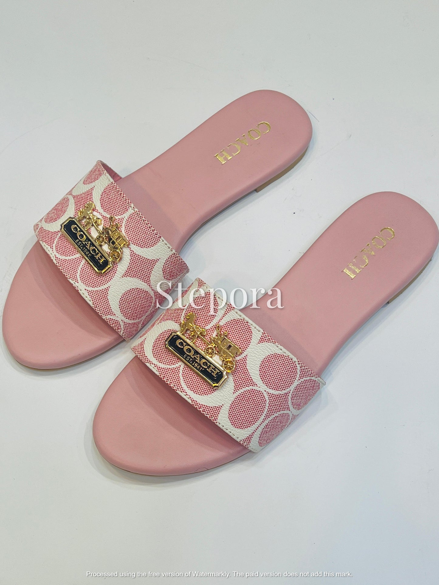 Chic Pink Monogrammed Canvas Slides with Gold Carriage Emblem