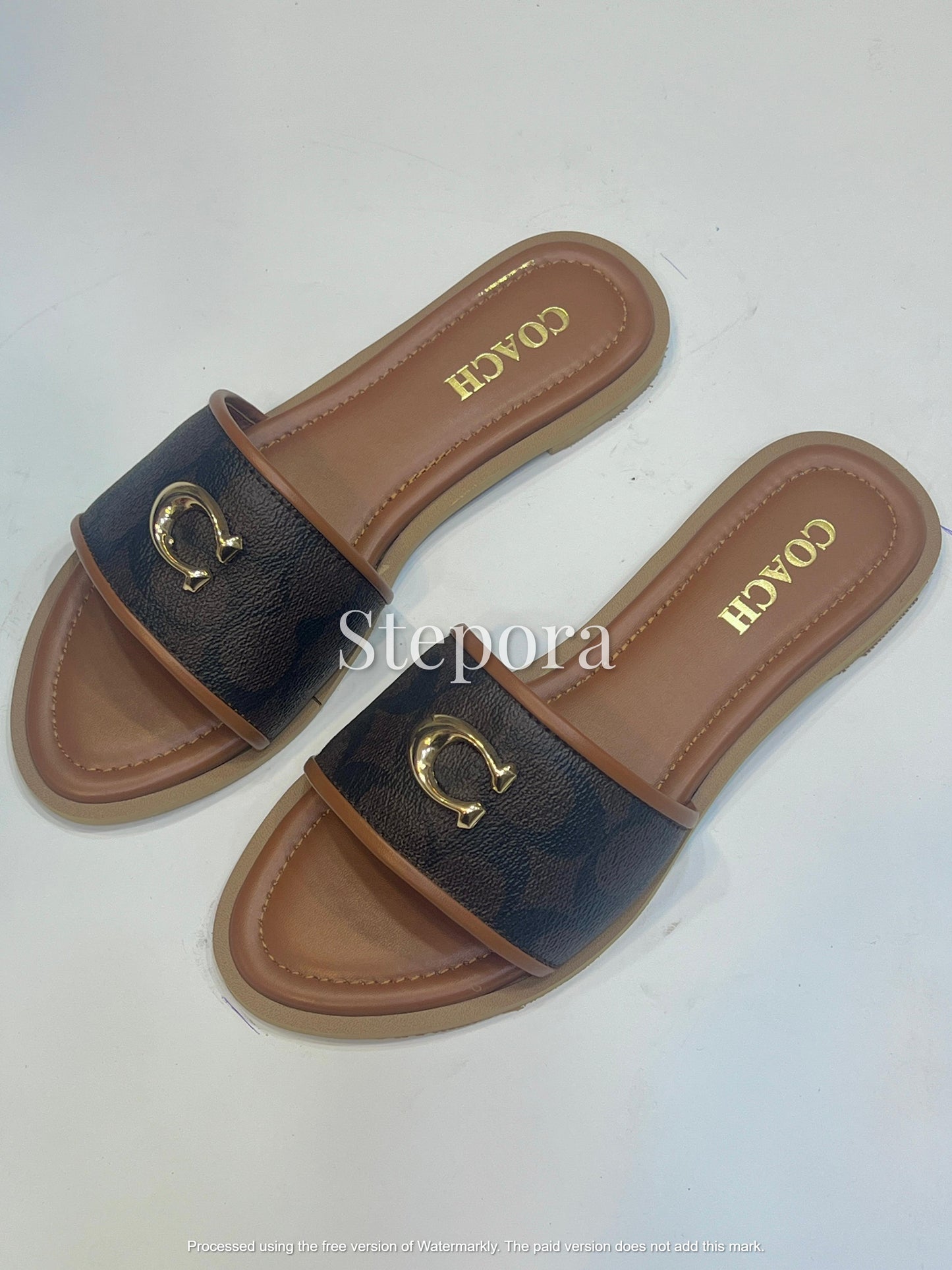 Women’s Brown Flat Slide Sandals with Gold Buckle Detail | Comfortable Casual Flats