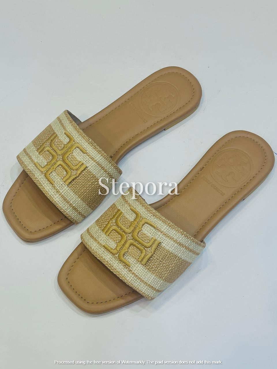 Women’s Striped Woven Canvas Slides – Chic Square Toe Summer Flats in Navy & Tan