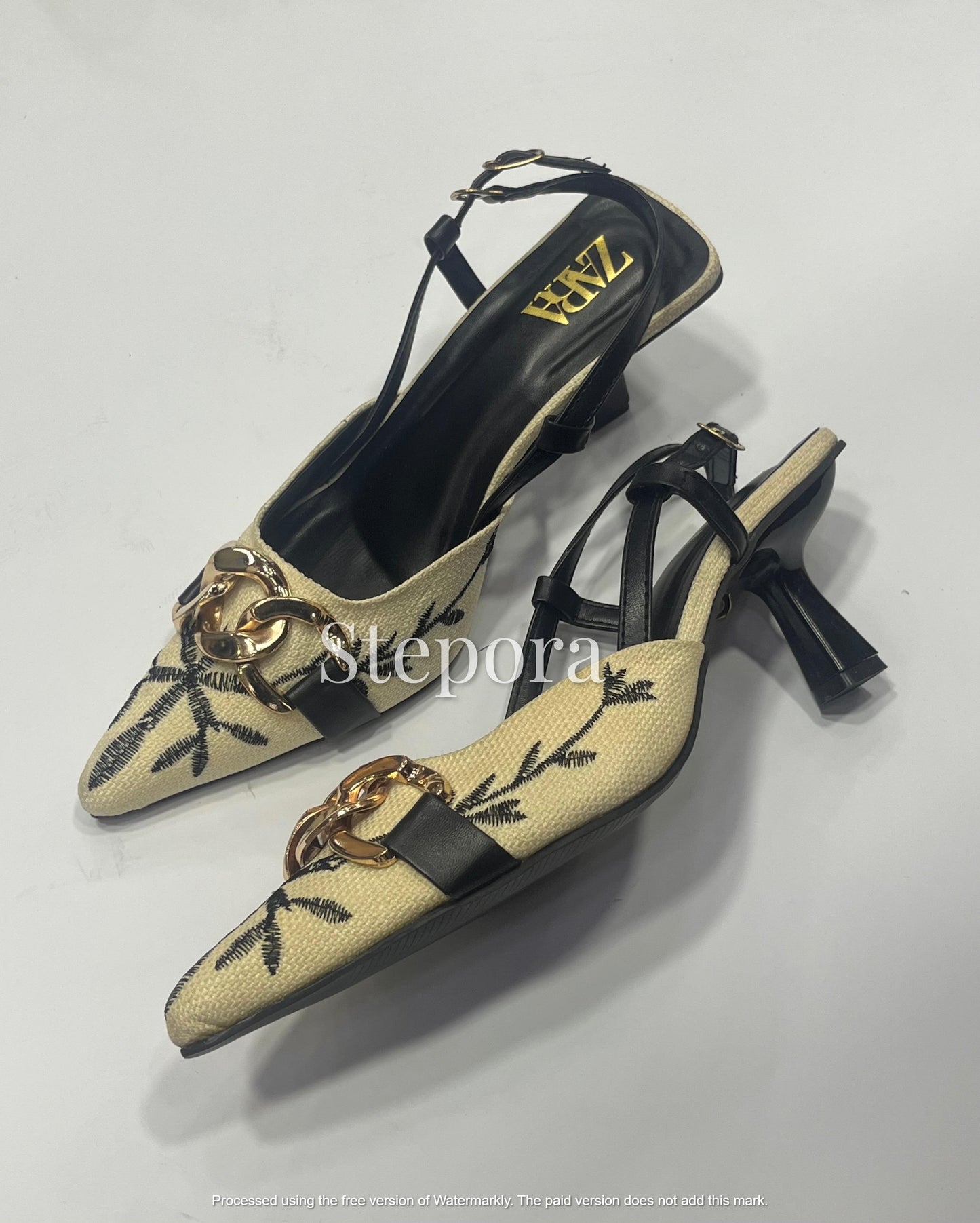 Gold Chain Link Slingback Kitten Heels – Palm Tree Embroidered Pointed Toe Pumps