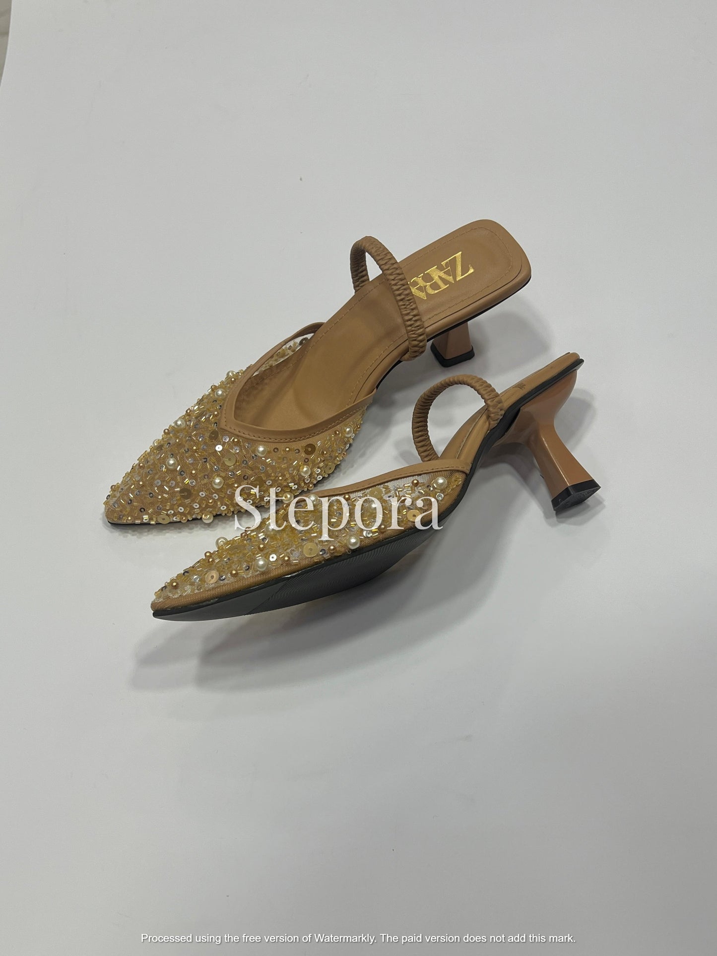 Embellished Pointed-Toe Kitten Heel Mules – Sparkling Sequin & Pearl Bridal Party Heels (Black & Beige)