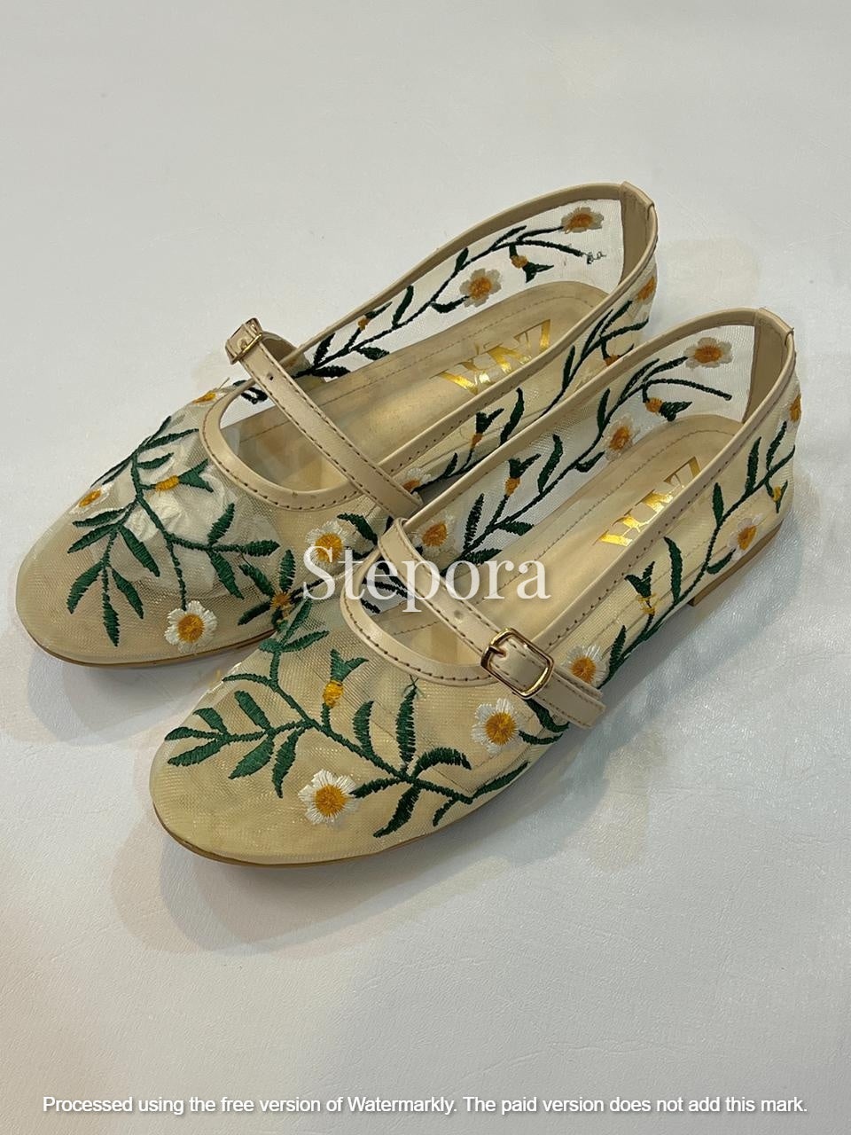 Women’s Floral Embroidered Mesh Mary Jane Flats – Sheer Botanical Ballet Pumps with Adjustable Buckle Strap
