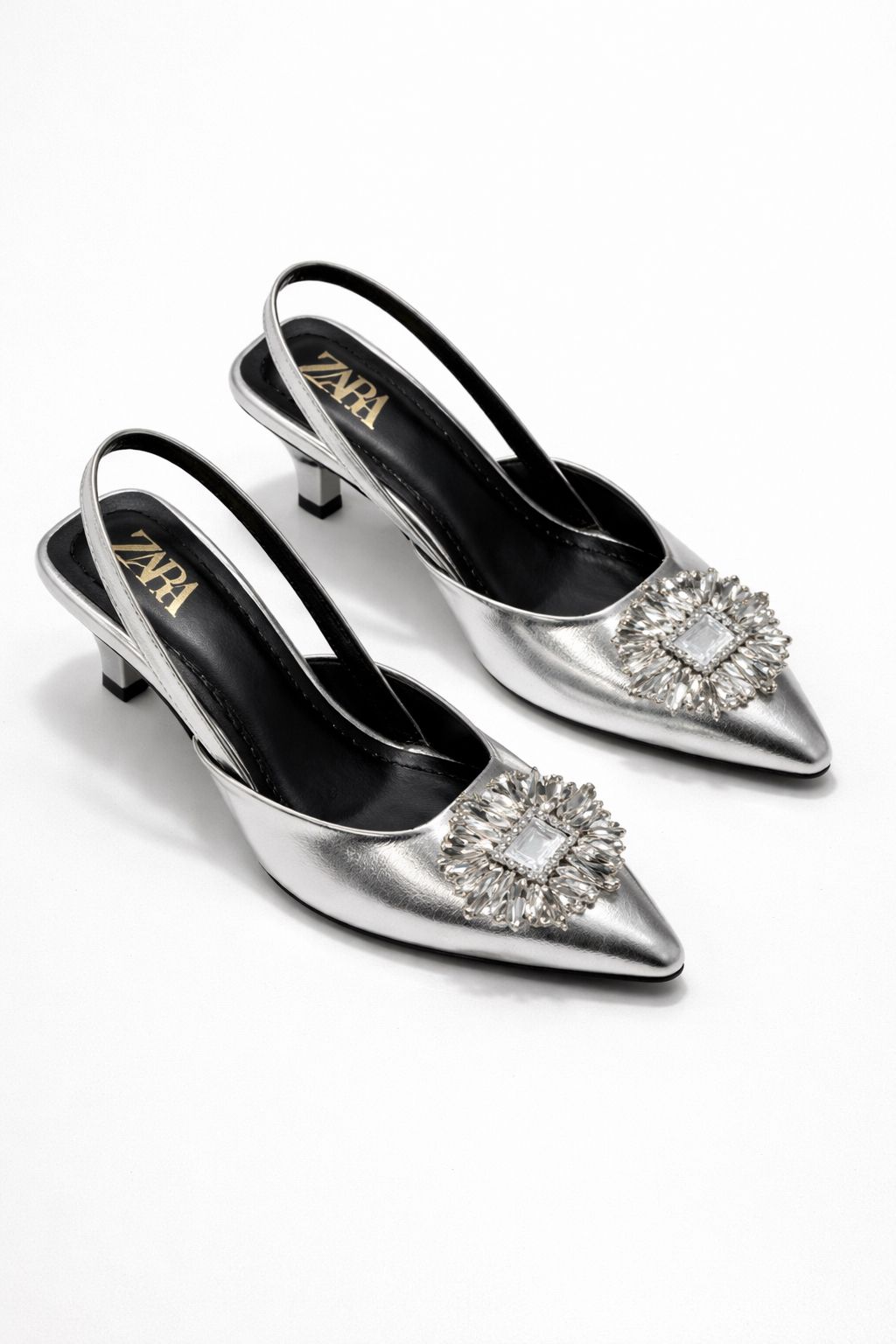 Metallic Jeweled Slingback Kitten Heels