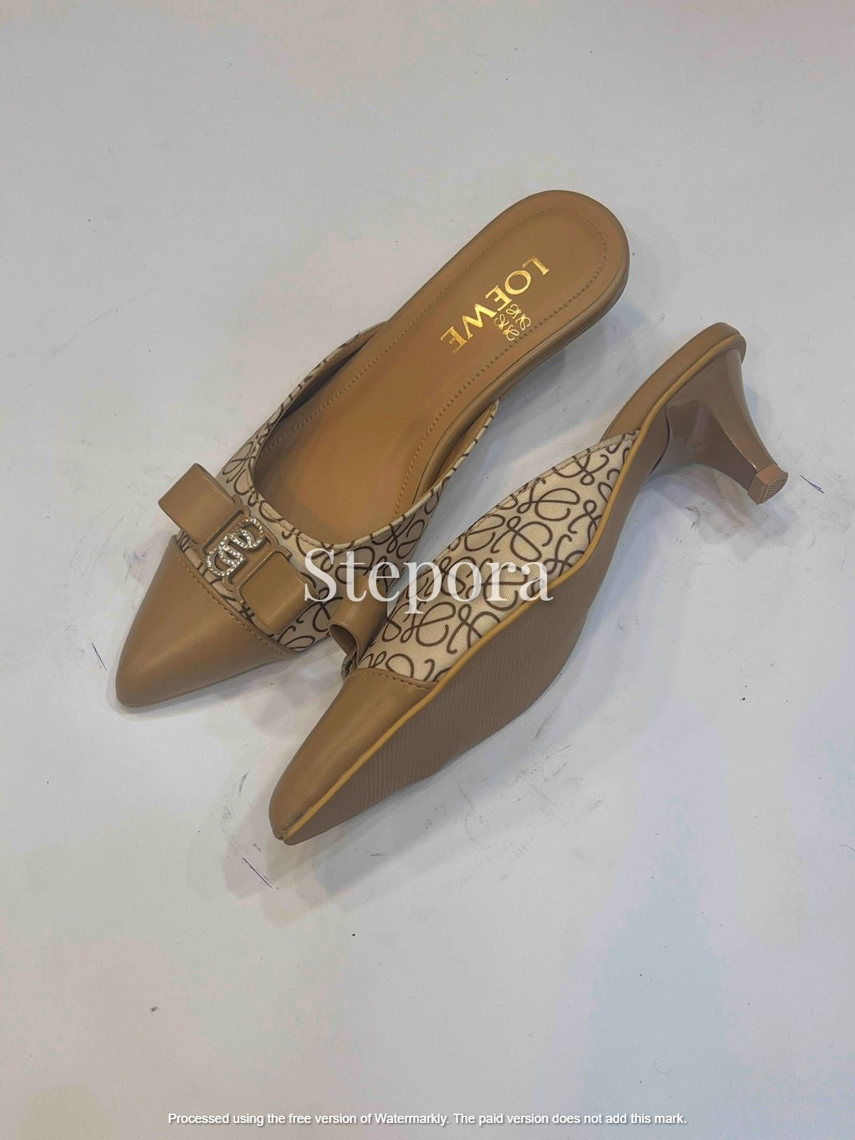 Women’s Pointed Toe Heeled Mules with Bow Detail and Printed Upper