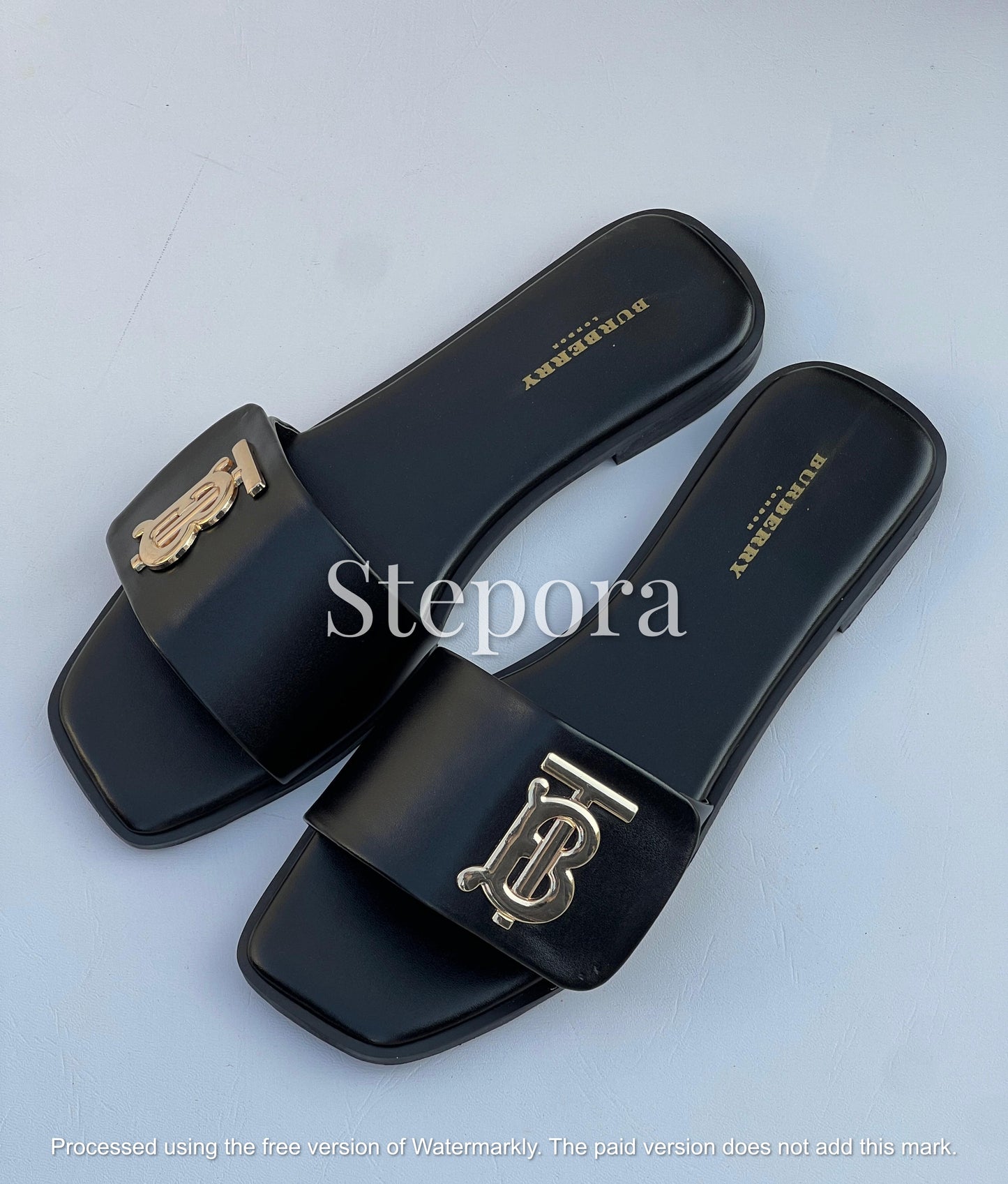 Premium Vegan Leather Square-Toe Slides – Chic Monogram Gold Hardware Slip-On Sandals