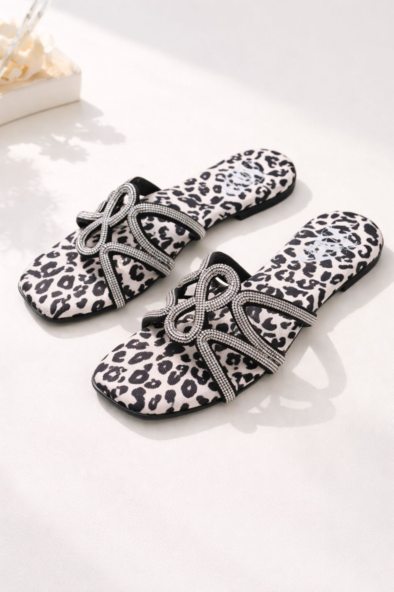 Leopard Print Rhinestone Bow Square Toe Slide Flats
