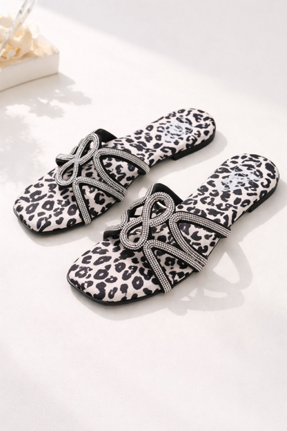 Leopard Print Rhinestone Bow Square Toe Slide Flats