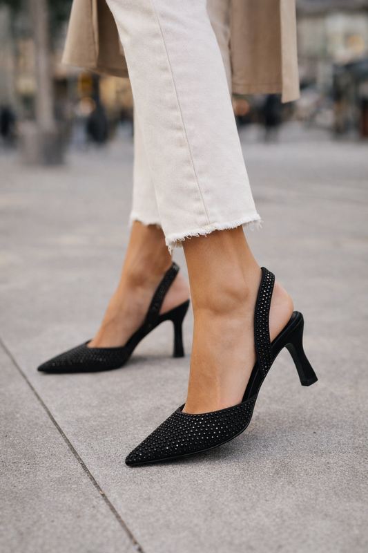 Rhinestone Pointed-Toe Slingback Heels
