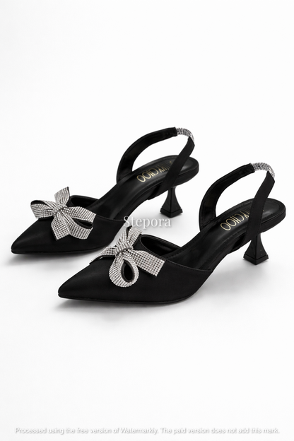 Crystal Bow Satin Slingback Heels
