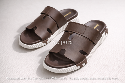 Cut-Out Wide Strap Slide Sandals with Serrated Platform Sole
