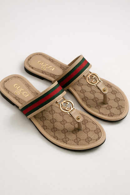 Monogram Web Strap Thong Sandals - Gold Hardware Flats