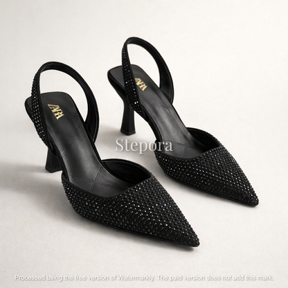 Rhinestone Pointed-Toe Slingback Heels