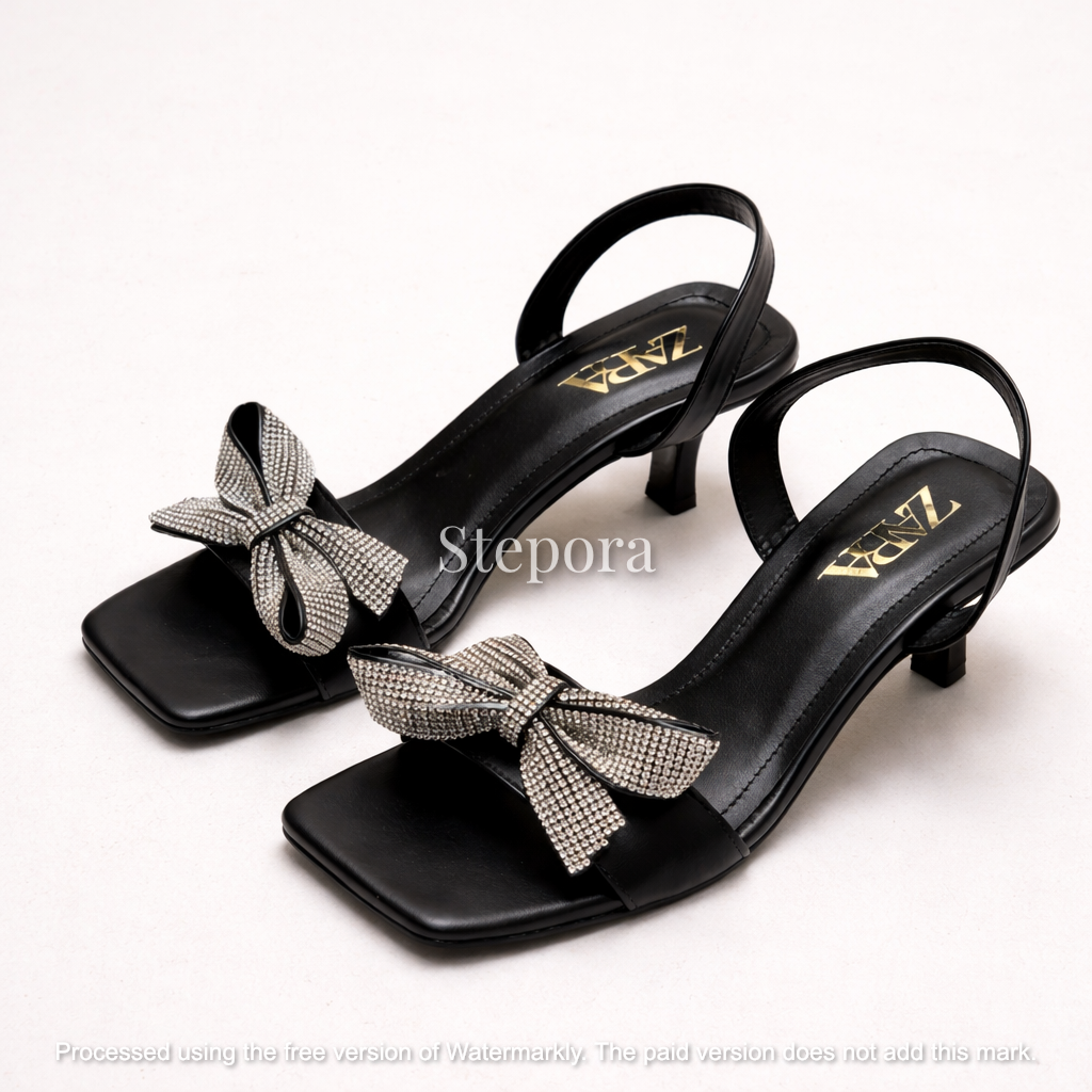 Sparkling Crystal Bow Square Toe Kitten Heels