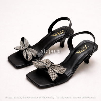 Sparkling Crystal Bow Square Toe Kitten Heels