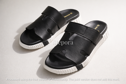 Cut-Out Wide Strap Slide Sandals with Serrated Platform Sole