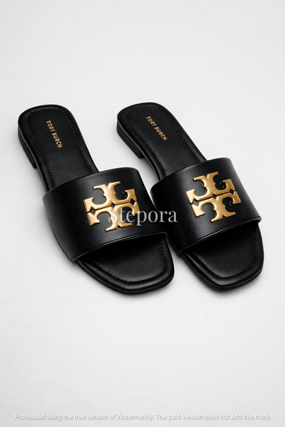 Elegant Gold-Emblem Flat Slides - Chic Open-Toe Leather Sandals