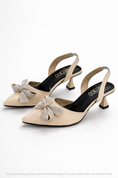 Crystal Bow Satin Slingback Heels