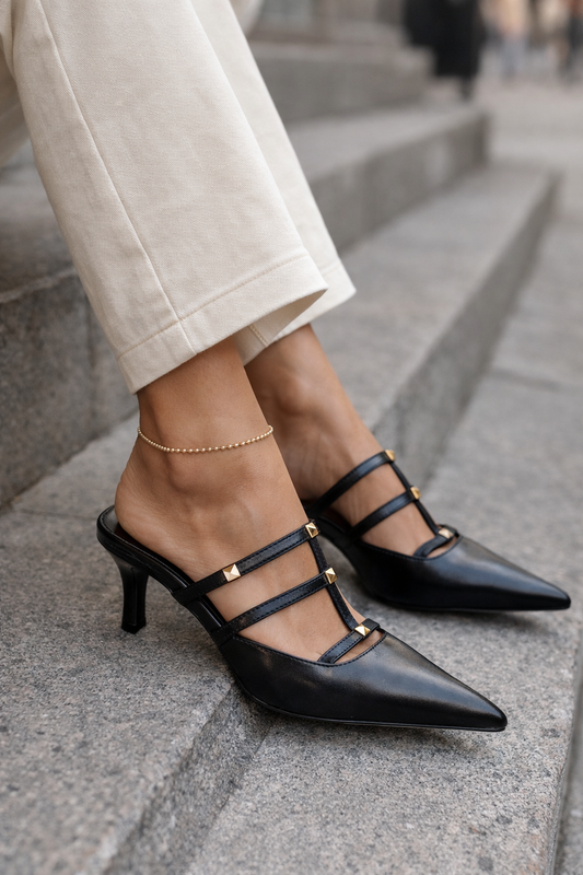 Pointed Toe Studded Multi-Strap Mules - Elegant Mid-Heel Pumps for Women