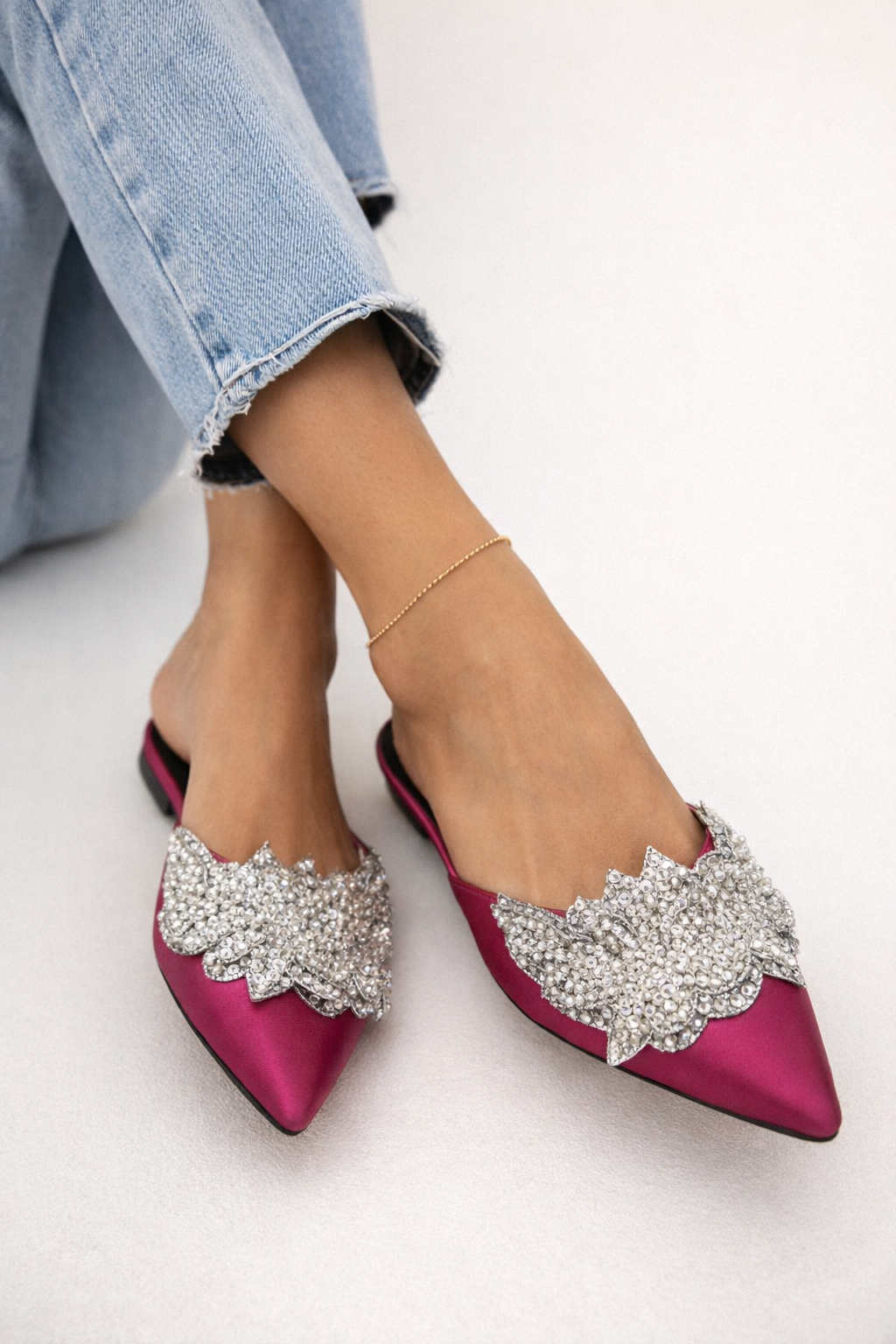 Pointed Toe Satin Mules with Crystal Embellished Butterfly - Formal Festive Flats