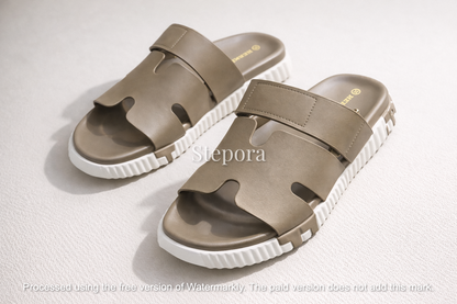 Cut-Out Wide Strap Slide Sandals with Serrated Platform Sole