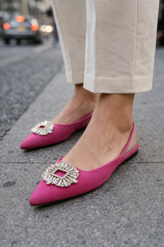 Crystal Buckle Pointed Toe Slingback Flats – Jewel Embellished Evening Shoes