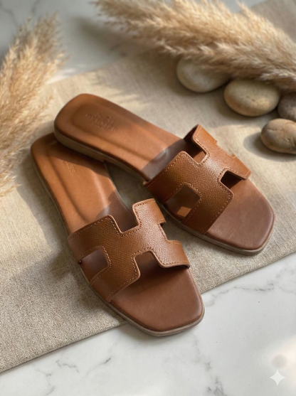 Women’s Classic H-Strap Slide Sandals – Premium Faux Leather Flat Slides (Black & Tan)