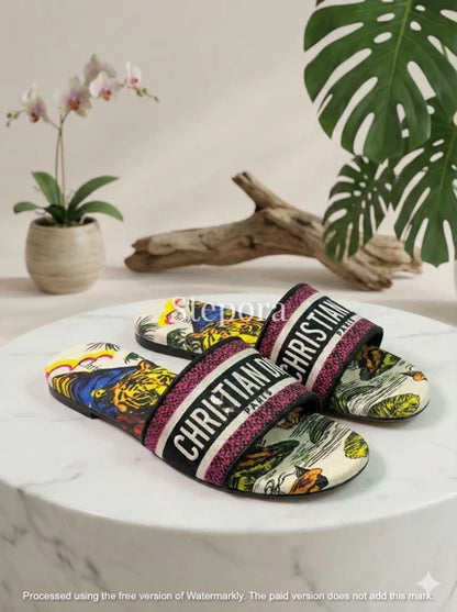 Chic Embroidered Canvas Flat Slides – Luxury Resort Collection