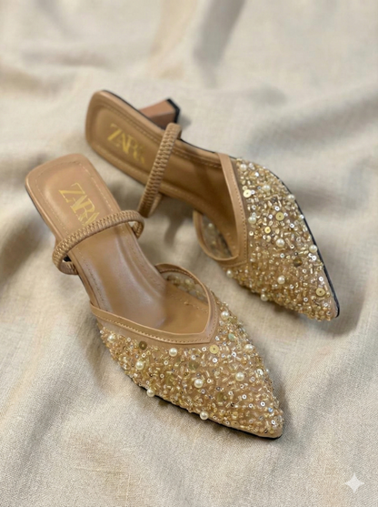 Luxe Crystal & Pearl Embellished Pointed Toe Mules | Sequin Mesh Kitten Heels
