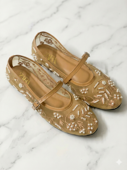 Pearl Embellished Floral Mesh Mary Jane Flats – Embroidered Sheer Ballet Pumps