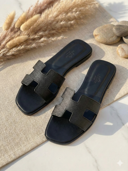 Women’s Classic H-Strap Slide Sandals – Premium Faux Leather Flat Slides (Black & Tan)