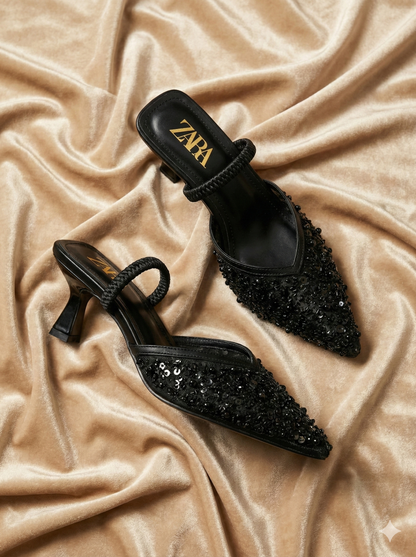 Luxe Crystal & Pearl Embellished Pointed Toe Mules | Sequin Mesh Kitten Heels