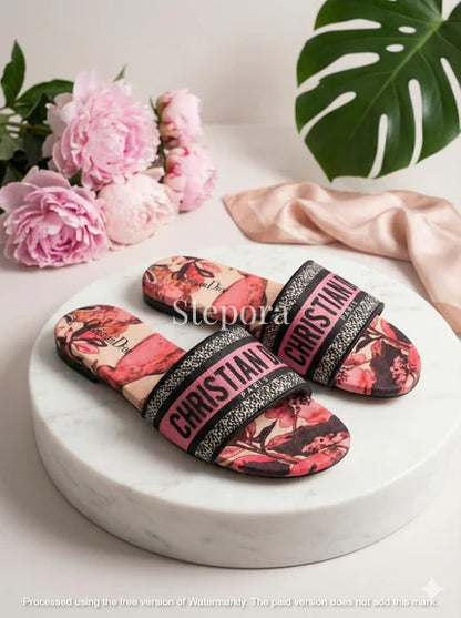 Chic Embroidered Canvas Flat Slides – Luxury Resort Collection