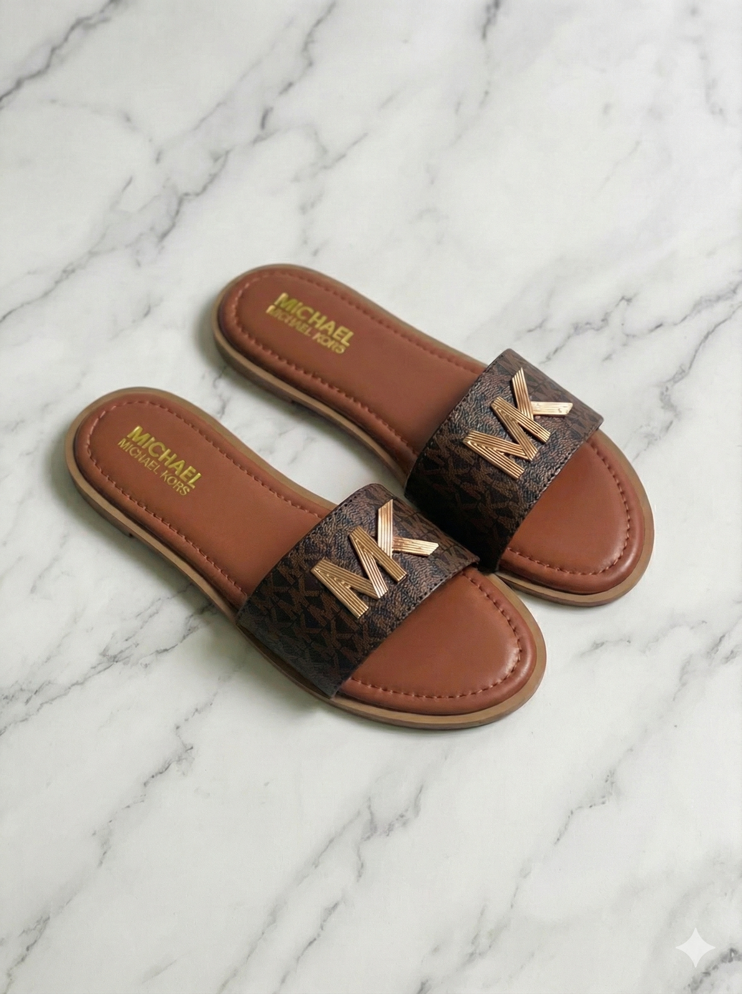 Luxe Monogram Flat Slides with Gold Geometric Accent – Women’s Slip-On Sandals