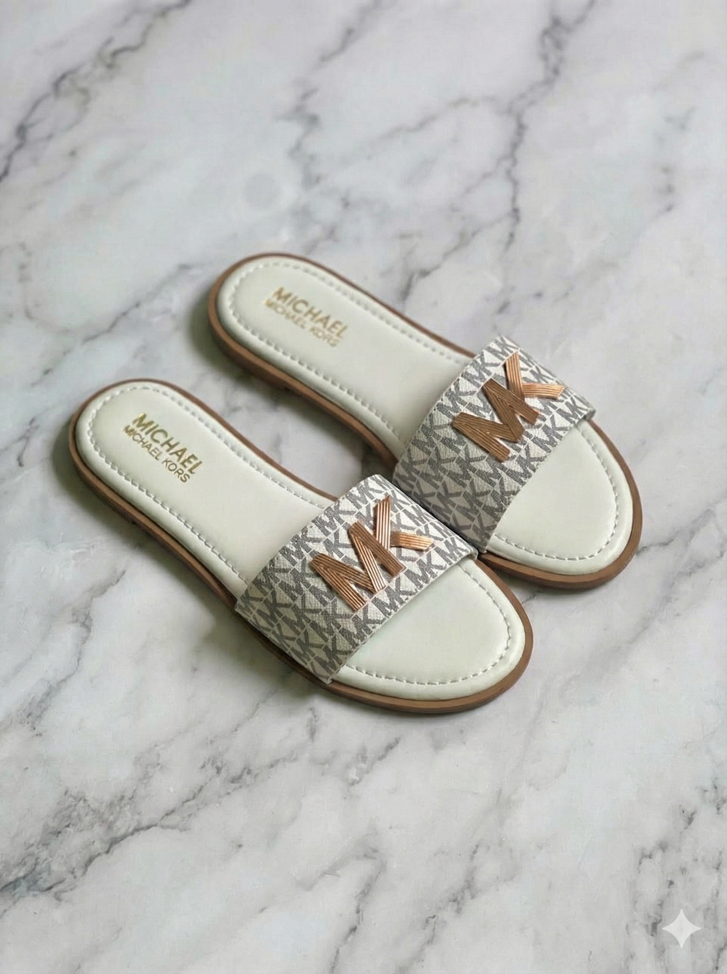 Luxe Monogram Flat Slides with Gold Geometric Accent – Women’s Slip-On Sandals