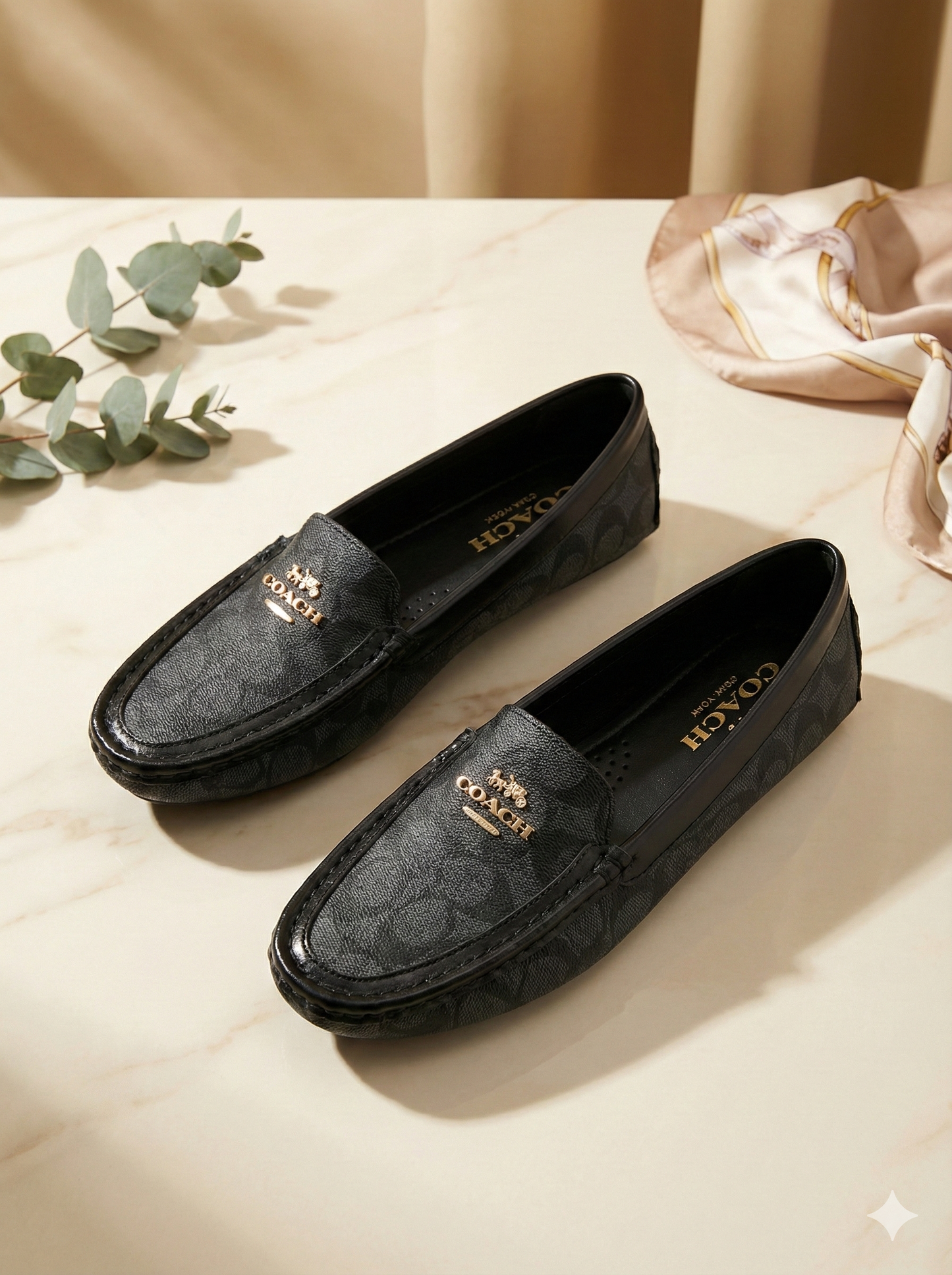Classic Monogram Loafers | Women’s Slip-On Moccasins with Gold-Tone Metal Accent