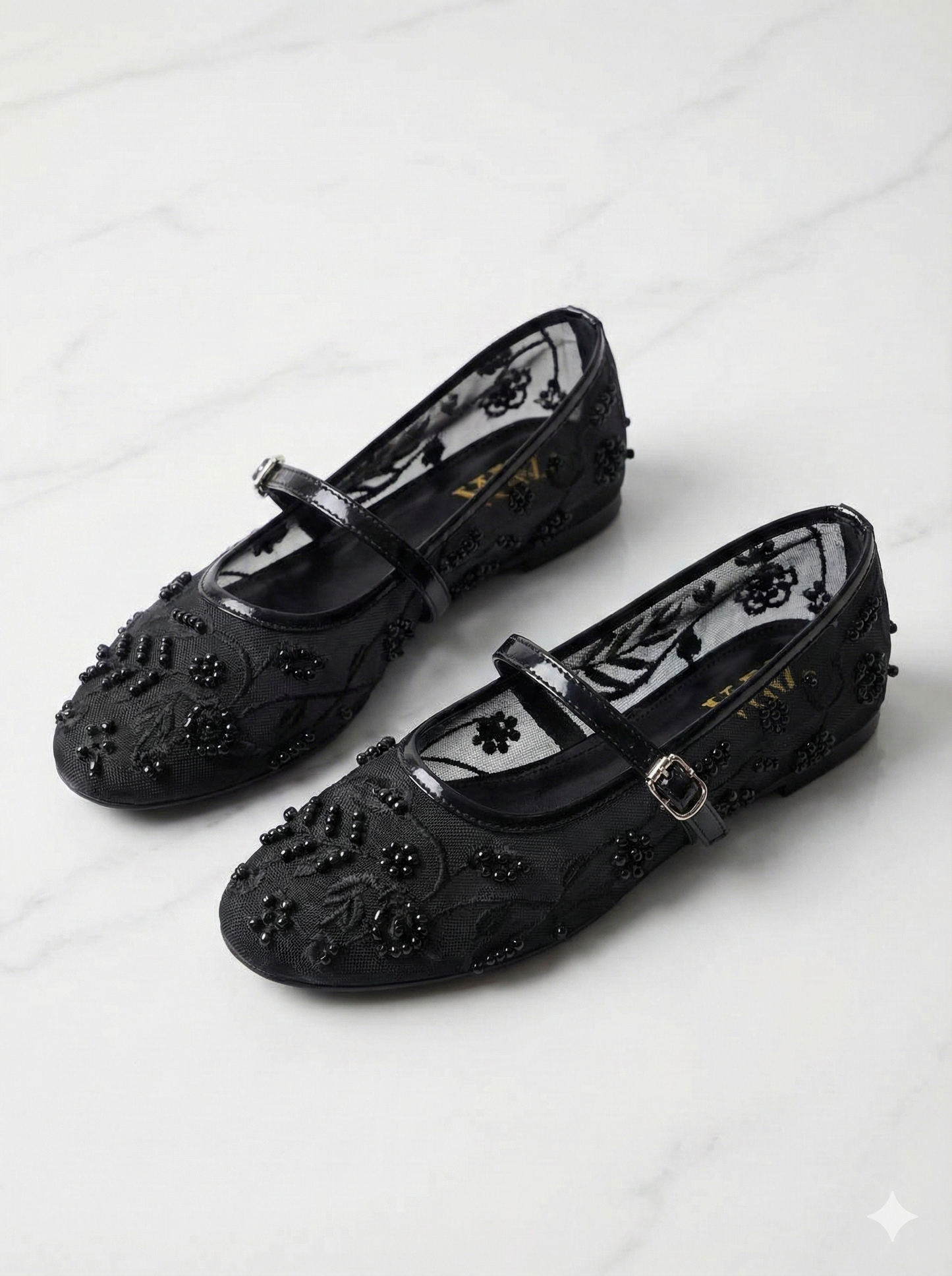 Pearl Embellished Floral Mesh Mary Jane Flats – Embroidered Sheer Ballet Pumps