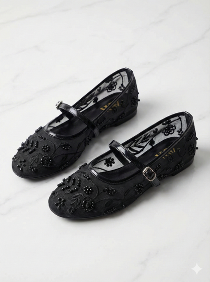 Pearl Embellished Floral Mesh Mary Jane Flats – Embroidered Sheer Ballet Pumps