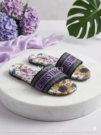 Chic Embroidered Canvas Flat Slides – Luxury Resort Collection