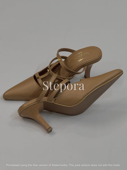 Pointed Toe Studded Multi-Strap Mules - Elegant Mid-Heel Pumps for Women