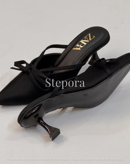 Pointed-Toe Bow Detail Kitten Heel Mules - Elegant Slip-On Slingback Pumps for Women