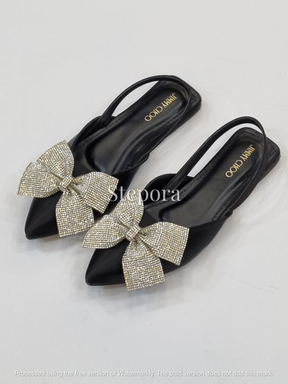 Luxury Satin Crystal Bow Slingback Flats – Pointed Toe Evening Shoes