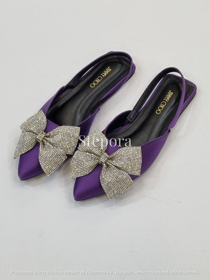 Luxury Satin Crystal Bow Slingback Flats – Pointed Toe Evening Shoes