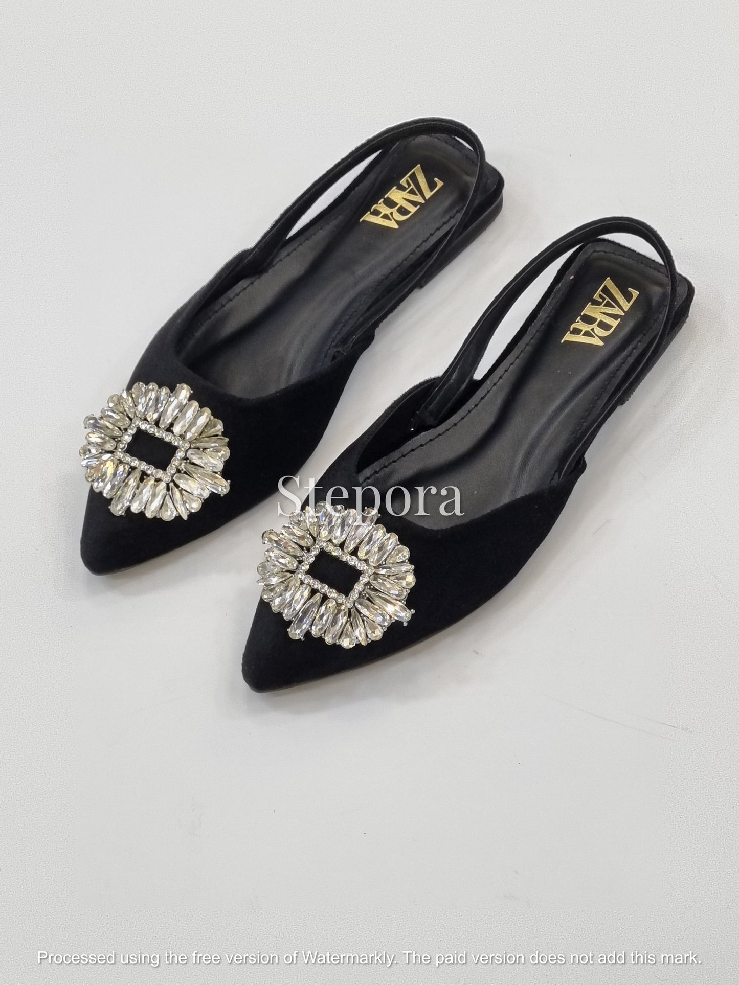 Crystal Buckle Pointed Toe Slingback Flats – Jewel Embellished Evening Shoes