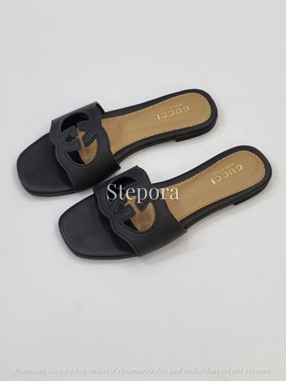 Geometric Cutout Logo Slides – Classic Interlocking Flat Sandals