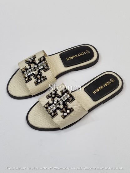 Rhinestone Embellished Geometric Cutout Slides – Women’s Textured Flat Sandals