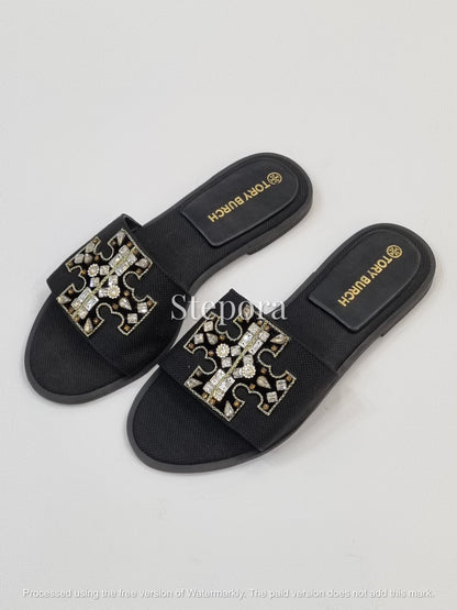 Rhinestone Embellished Geometric Cutout Slides – Women’s Textured Flat Sandals