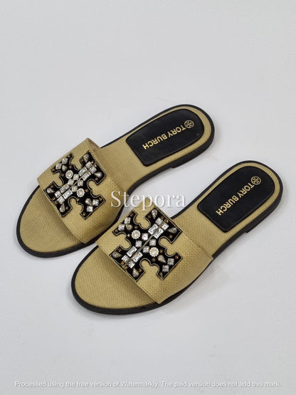 Rhinestone Embellished Geometric Cutout Slides – Women’s Textured Flat Sandals