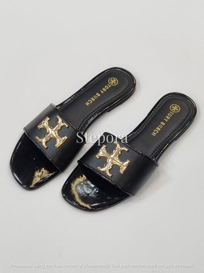 Glossy Gold Emblem Open Toe Slides – Women’s Chic Flat Sandals