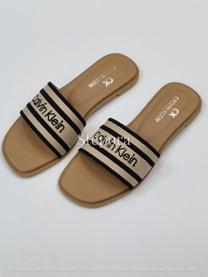 Modern Striped Logo Canvas Slides – Women’s Minimalist Flat Sandals